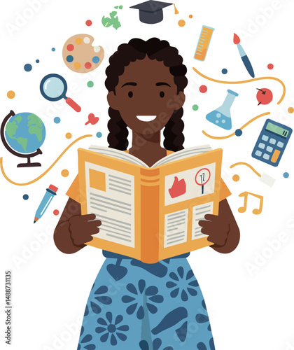 Young girl holding educational book with science and art symbols around learning concept vector illustration 