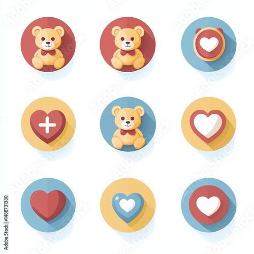 Adorable Teddy Bear and Heart Icons Set Perfect for Valentines Day Cards Websites Apps and Children Products Design
