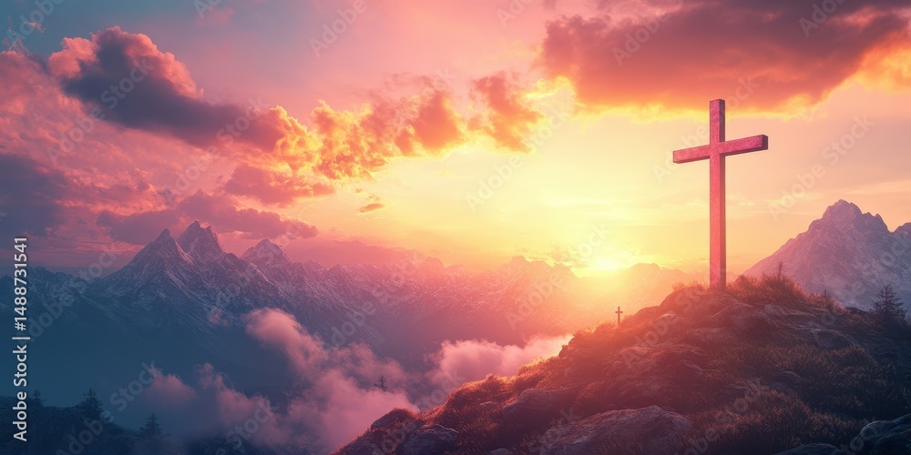 Fototapeta premium Beautiful sunset over mountains with a prominent cross overlooking the landscape on a serene evening