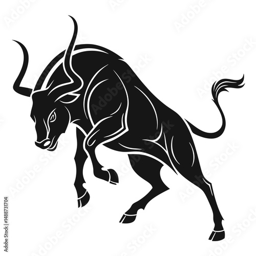Bull with sharp horns. Aggressive bull standing silhouette vector isolated