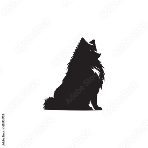 Majestic Icelandic Sheepdog silhouette vector featuring a fluffy double coat, curled tail, pointed ears, alert expression, and sturdy stance—perfect for Nordic dog lovers and graphic design projects.
