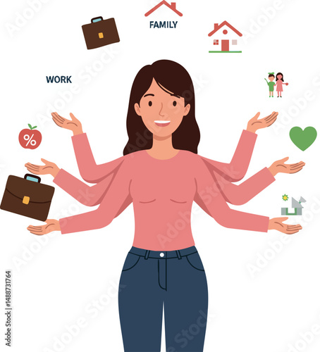 Multitasking Woman Balancing Work Family Home and Health Responsibilities Vector Illustration 