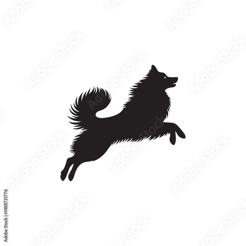 Majestic Icelandic Sheepdog silhouette vector featuring a fluffy double coat, curled tail, pointed ears, alert expression, and sturdy stance—perfect for Nordic dog lovers and graphic design projects.
