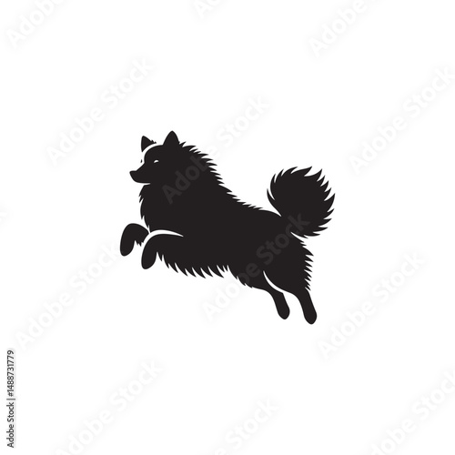Majestic Icelandic Sheepdog silhouette vector featuring a fluffy double coat, curled tail, pointed ears, alert expression, and sturdy stance—perfect for Nordic dog lovers and graphic design projects.
