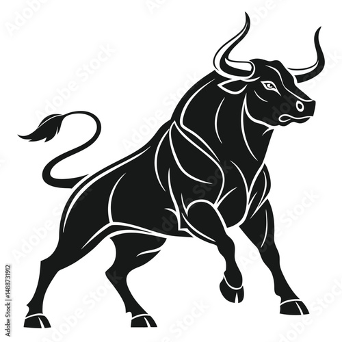 Bull with sharp horns. Aggressive bull standing silhouette vector isolated