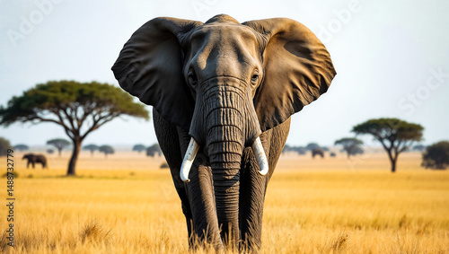 Majestic African Elephant Standing in the Golden Savanna Grassland with Acacia Trees in the Background during a Bright Sunny Day


