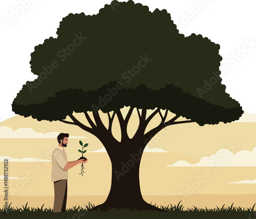 Man Holding Seedling Tree Near Large Oak Tree Vector Illustration in Nature Scene 