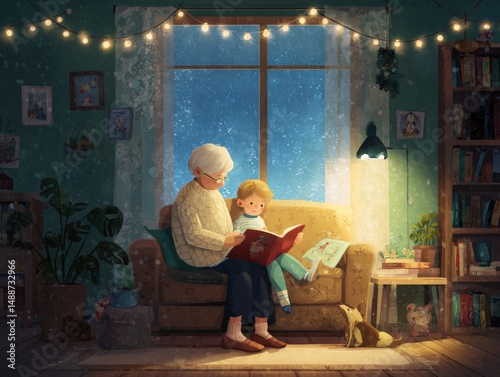 Cozy evening: A grandmother and her grandchild share a heartwarming moment reading a book together by a softly lit window.