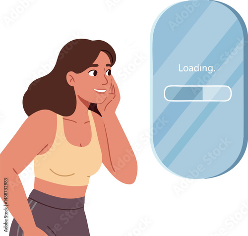 Woman Looking at Loading Screen on Rounded Mirror with Yellow Top Vector Illustration 