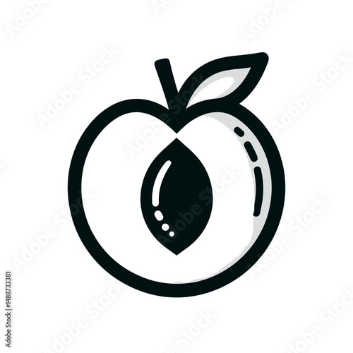 Stylized peach illustration with leaf and seed details  