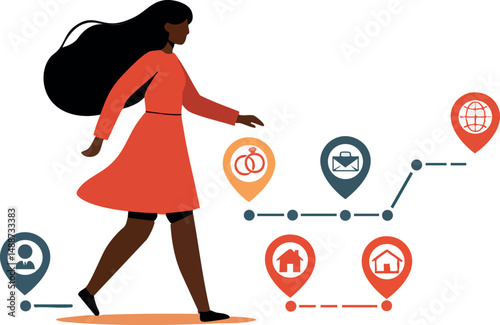 Woman walking with location markers and connection symbols in vector illustration