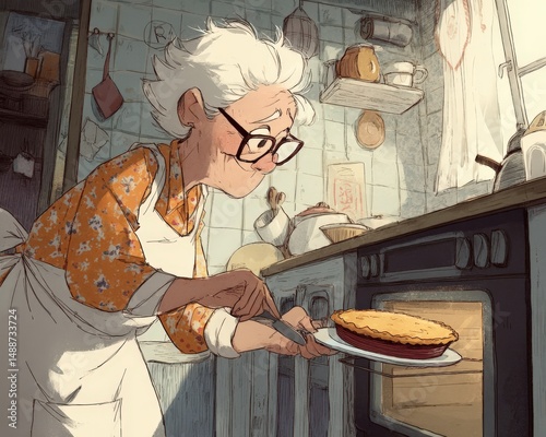 Elderly woman takes a homemade pie from the oven. Warm kitchen lighting illuminates the scene, creating a cozy atmosphere.