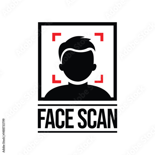 Minimalist face scan vector graphic: black silhouette in square frame with red viewfinder corners, bold "FACE SCAN" text. Clean, modern tech/surveillance concept. Flat design, high contrast.