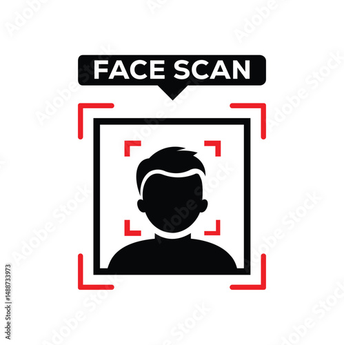 Minimalist face scan vector graphic: black silhouette in square frame with red viewfinder corners, bold "FACE SCAN" text. Clean, modern tech/surveillance concept. Flat design, high contrast.