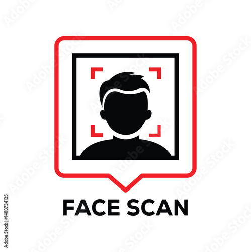 Minimalist face scan vector graphic: black silhouette in square frame with red viewfinder corners, bold "FACE SCAN" text. Clean, modern tech/surveillance concept. Flat design, high contrast.