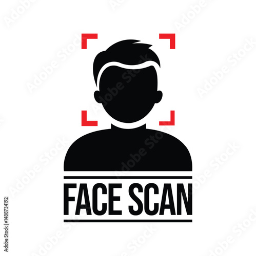 Minimalist face scan vector graphic: black silhouette in square frame with red viewfinder corners, bold "FACE SCAN" text. Clean, modern tech/surveillance concept. Flat design, high contrast.