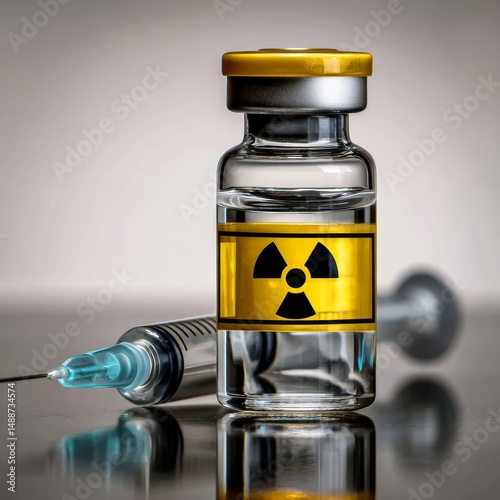 Hazardous Radiation Vial with Syringe, Nuclear Danger Concept. Close Up.