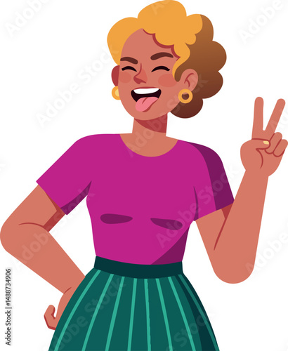 Woman showing peace sign with blonde hair in purple shirt and green skirt vector illustration 