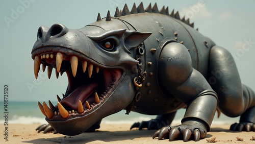 Metallic dragon creature on sandy beach coastline