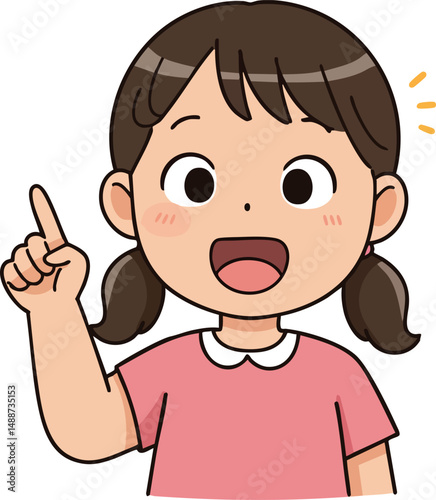Young girl pointing finger and smiling in pink shirt vector illustration 