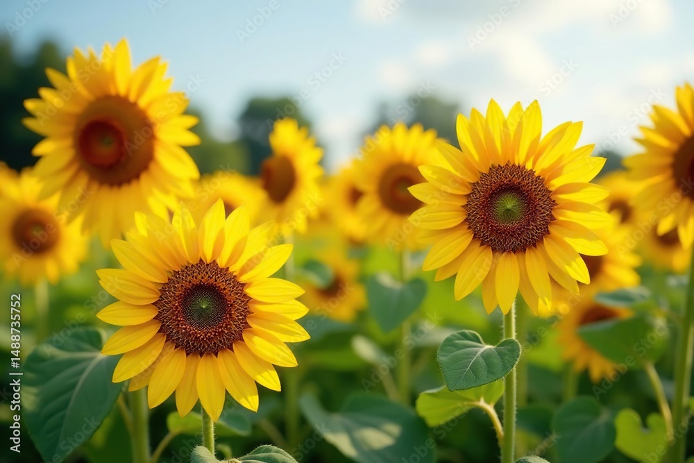 Fototapeta premium Sunflowers in full bloom, vibrant yellow petals, flowering, rural