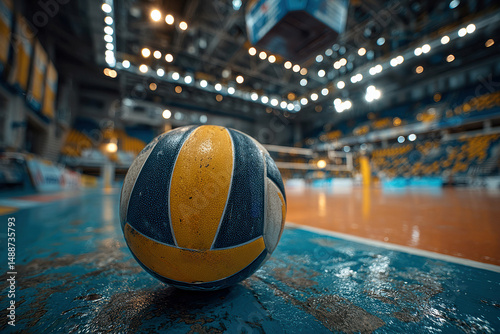 Overhead view of a volleyball court under artificial lighting, featuring a yellow and black ball, white boundary lines, empty blue seats in the background, and a light-colored floor - AI-Generated