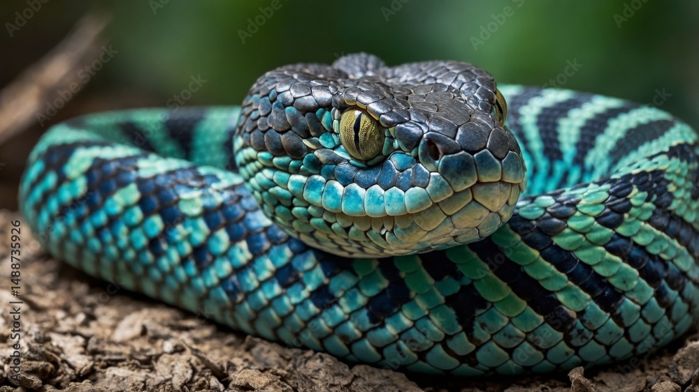 Vibrant Green and Blue Snake Resting on the Ground in a Natural Setting During Daylight Hours Vibrant Green and Blue Snake Resting on the Ground in a Natural Setting During Daylight Hours