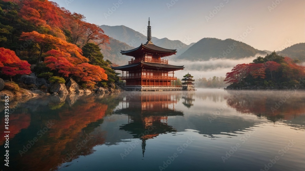 Obraz premium Serene Autumn Landscape With Traditional Pagoda Surrounded by Vibrant Foliage and Misty Mountains at Dawn