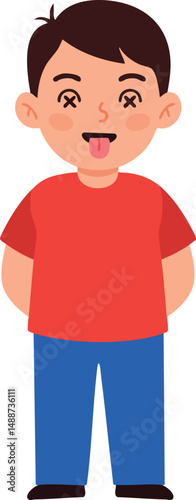 Boy in red shirt and blue pants making funny face sticking tongue out vector illustration 