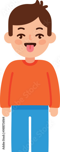Boy sticking tongue out in orange sweater and blue pants cheerful child illustration 
