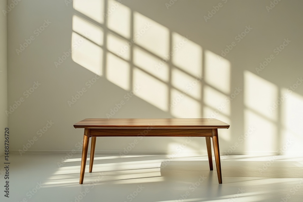 Fototapeta premium A wooden table stands in a minimalist room with sunlight casting grid shadows on the wall, showcasing simplicity and design.