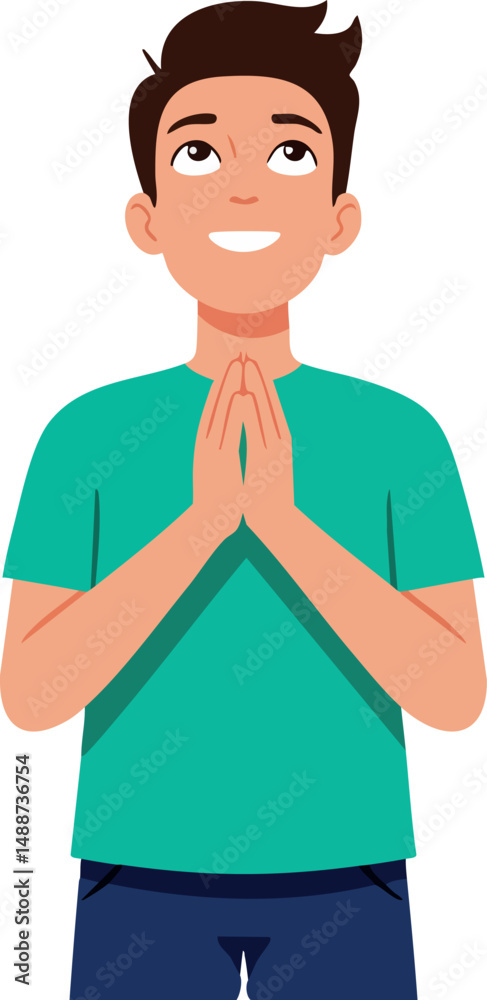 Young man praying with hands together hopeful expression vector illustration Young man praying with hands together hopeful expression vector illustration