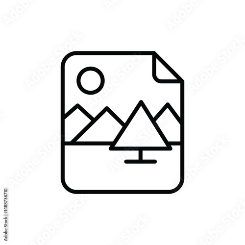Minimalist landscape photo document icon with mountains, sun, vector design, modern graphic, nature image, file symbol, simple style, digital illustration