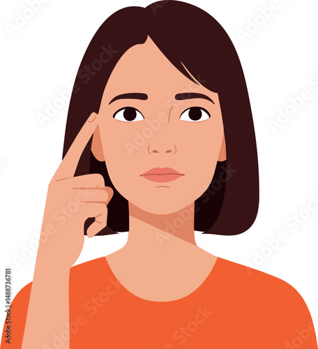 Thoughtful woman with brown hair in orange shirt touching temple vector illustration 