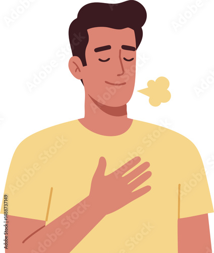 Man Taking Deep Breath Relaxing with Closed Eyes in Yellow Shirt Vector Illustration 