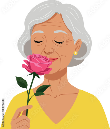 Elderly woman enjoying scent of pink rose flower in yellow top vector illustration 