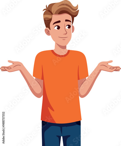 Young man shrugging shoulders confused gesture casual orange shirt vector illustration 