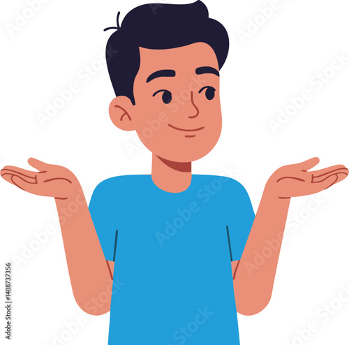 Young man shrugging shoulders in blue shirt vector illustration gesture of confusion or doubt 