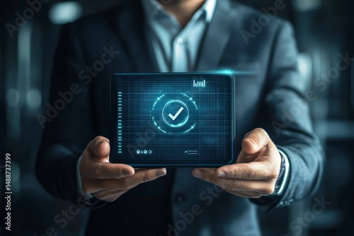 Wallpaper Mural Businessman holding a digital tablet with security checkmark. Torontodigital.ca