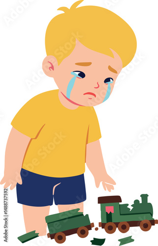 Crying boy with broken toy train in yellow shirt and blue shorts vector illustration 