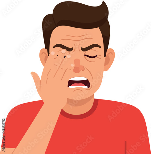 Man rubbing eye with tired expression in red shirt vector illustration 