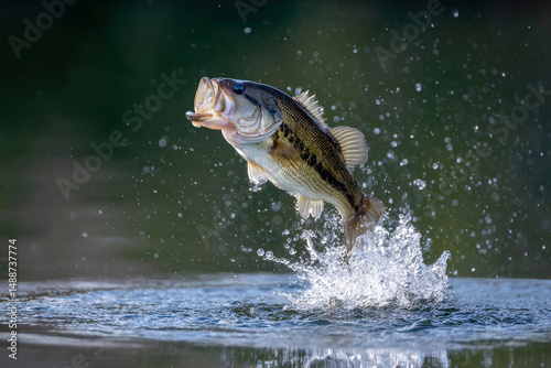 A largemouth bass leaps from a body of water, caught mid-jump with open mouth in the foreground against rippled surface Natural lighting, no human presence or structured environment - AI-Generated