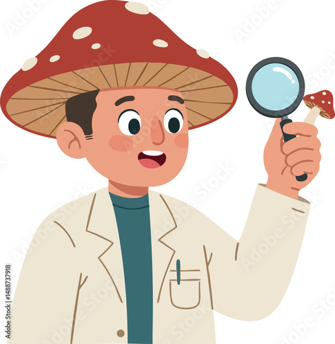 Boy in mushroom hat examining small mushroom with magnifying glass vector illustration 