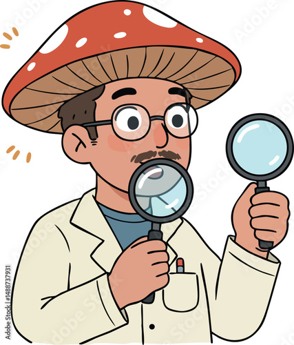 Scientist with magnifying glasses examining mushroom cap vector illustration in white coat