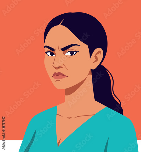 Woman with dark hair and serious expression against orange background vector illustration 