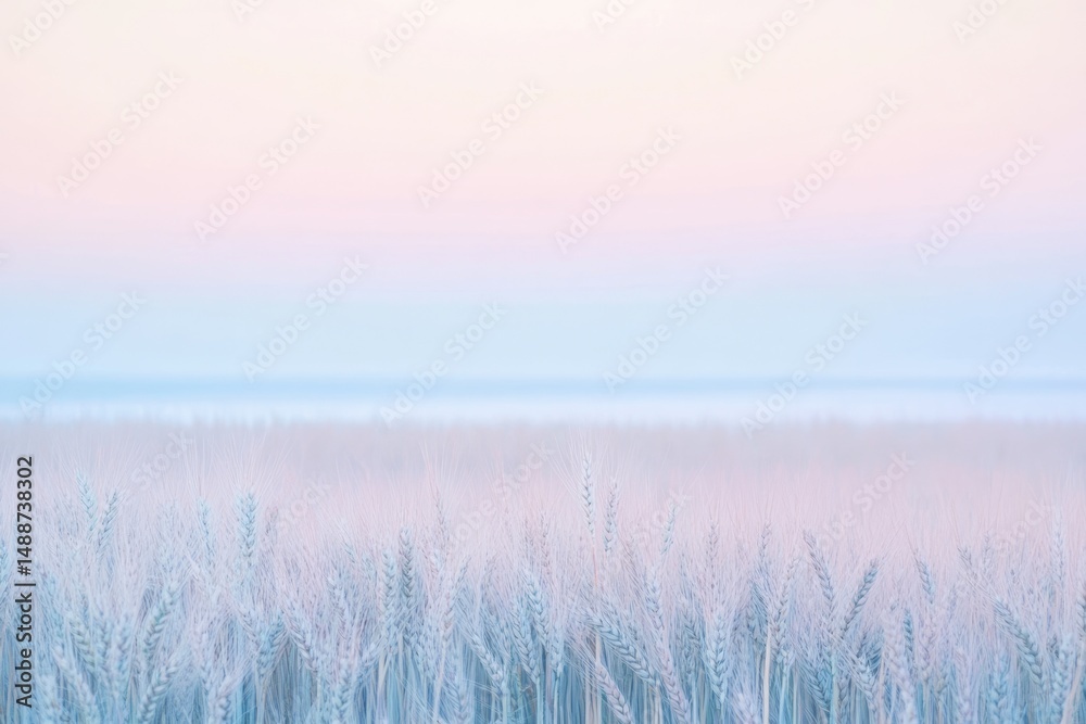 Obraz premium A serene, dreamy image featuring a field of wheat with pastel shades of pink, blue, and white during sunrise or sunset.