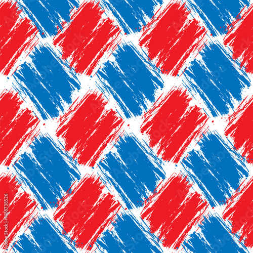 Seamless vector pattern with red and blue brush strokes in checkerboard layout bold abstract repeat design for textile fabric packaging modern background vibrant artistic texture dynamic creative spla
