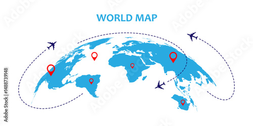 Infographic vector world map with multiple locations. world map with red pointers. Simple World map infographic communication template with pointer marks