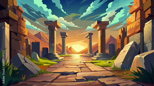 Sunlit passage through ancient stone ruins, open sky