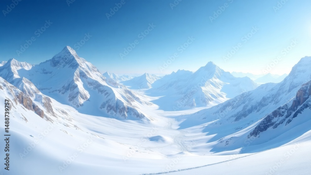 Fototapeta premium Snow-covered Mountains and Valleys Under Clear Blue Sky During Daytime Create a Serene and Stunning Winter Landscape